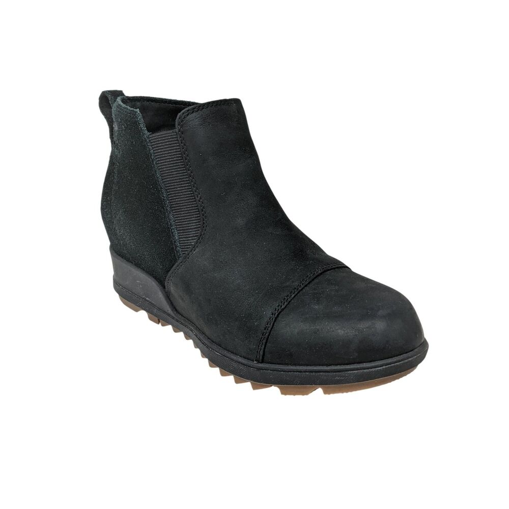 Sorel Evie Black Leather Lug Sole Wedge Heel Ankle Boots Booties‎ Womens 7